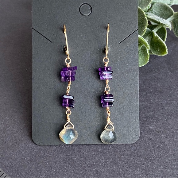 Amethyst Labradorite Dangle Earrings 14k Gold Filled Leverback - Picture 5 of 6